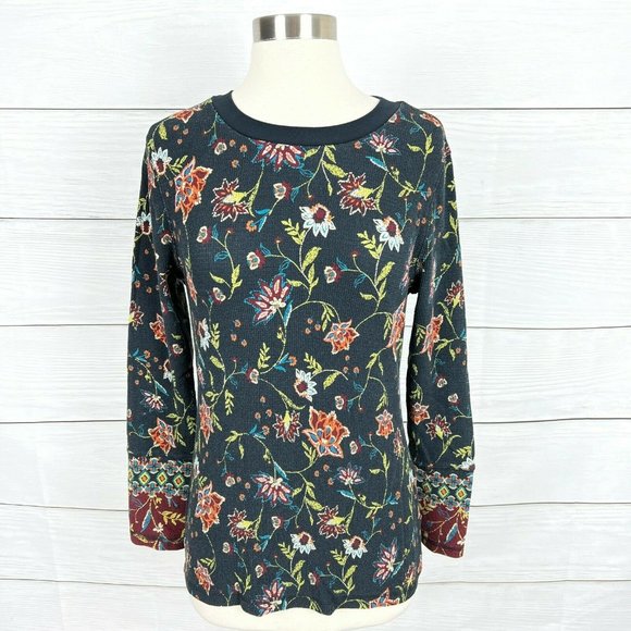 Sundance Tops - Sundance Black Floral Waffle Thermal Button Velvet Cuff Top Women's Large L